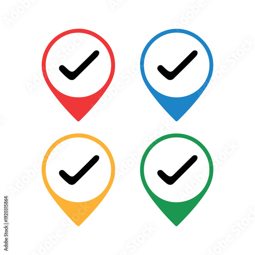 Four colorful location pins with checkmarks in red blue yellow and green highlight confirmation and success isolated on a clean white background