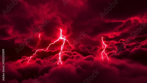 Intense red lightning storm over dark clouds in dramatic night sky