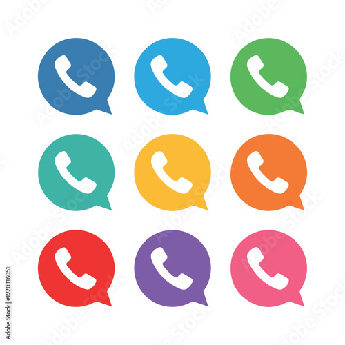 Colorful speech bubbles with white telephone icons inside arranged in a grid on a clean background for communication