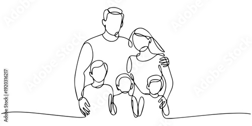 family father and mother with three children continuous one line drawing, One single endless line large family group portrait, simple continuous contour, modern trendy style, vector illustration