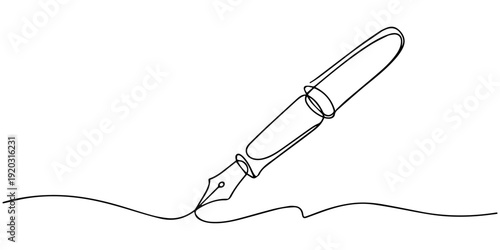 Continuous line drawing of a fountain pen writing on paper with white background in simple style, Pen Signature Continuous Line Icon, Continuous one line of fountain pen in silhouette on a white