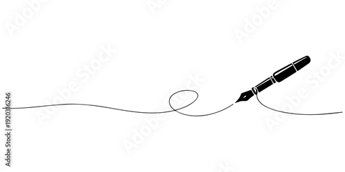 Continuous line drawing of a fountain pen writing on paper with white background in simple style, Pen Signature Continuous Line Icon, Continuous one line of fountain pen in silhouette on a white