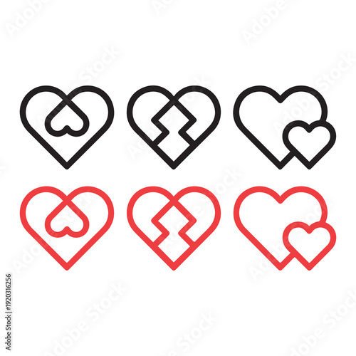 Heart shaped symbols in black and red with intertwined and overlapping designs for love and unity concepts