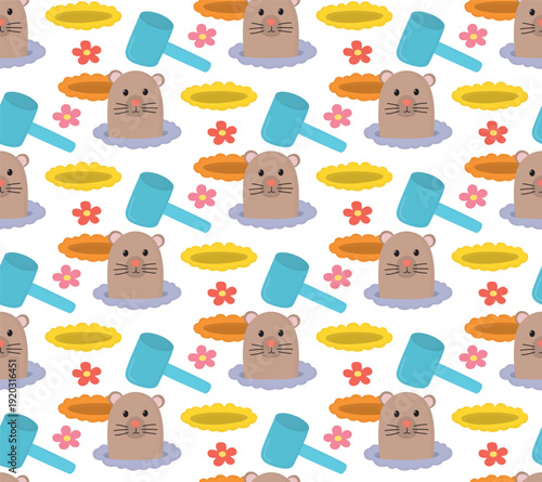 Seamless pattern of fun game whack a mole. Background with mole, hammer, flowers and mole holes