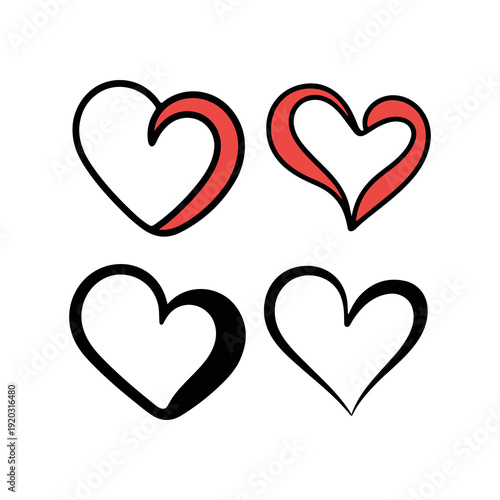 Four stylized heart symbols in white red and black colors arranged in a grid with playful curves and minimalist design isolated on white background