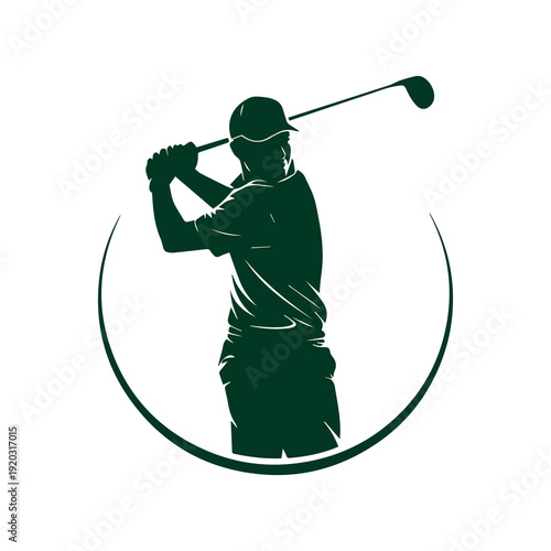 Silhouette of a golfer in mid swing holding a club in a dynamic pose isolated on a white background