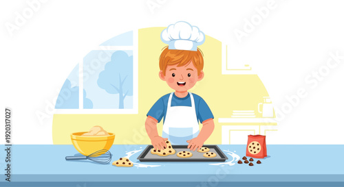 Young Chef Baking Cookies in Kitchen.