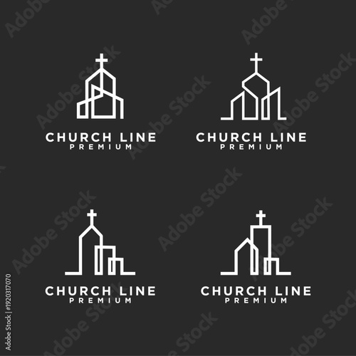 Modern Church Line Art Logos with Cross Symbol, Minimalist Geometric Design Set for Religious Identity and Branding on Dark Background