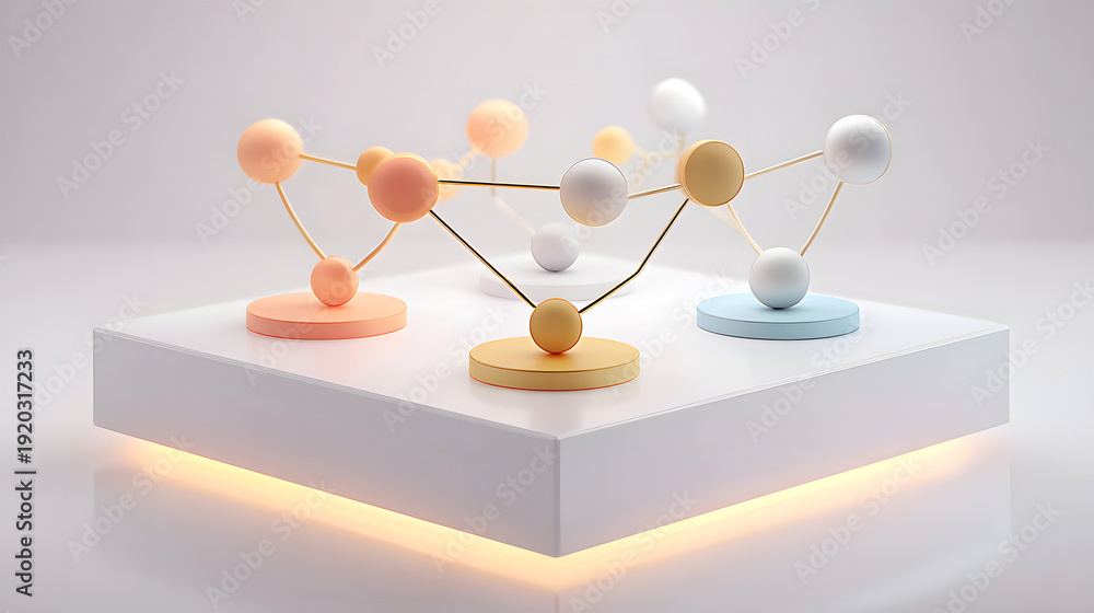 Obraz premium 3D render of a molecular structure model with colorful spherical nodes connected by golden rods, displayed on white platforms with soft lighting. Concept for science, education, and chemistry.