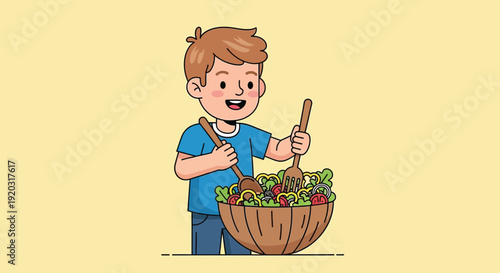 Cartoon Boy Holding Basket of Vegetables 1.