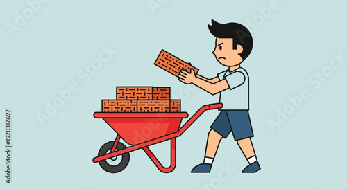 Cartoon Boy Pushing Wheelbarrow with Bricks.