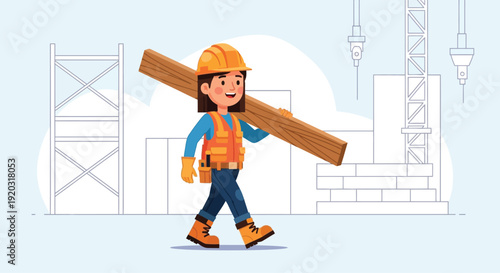 Cartoon Construction Worker Carrying Large Pipe.