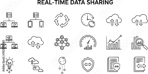 Real-time Data Sharing Icons Set - Network, Cloud Computing, Security, Analytics, and Synchronization Line Art for Technology and Business Concepts