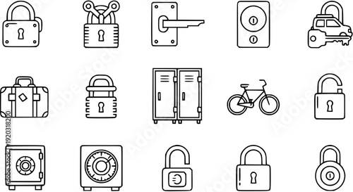 Line Art Security Icons Collection Featuring Padlocks, Keys, Safes, Door Locks, Luggage, Lockers, Bicycle Lock, and Alarm Systems for Protection and Safety Concepts