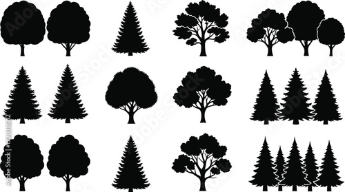 Tree silhouette illustration set, coniferous and deciduous varieties, grouped clusters, landscape and forestry design theme - flat vector illustration