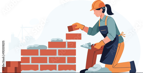Female Bricklayer Building Brick Wall Structure.