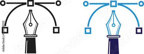 Vector pen tool illustration set, fountain nib with Bézier curves, anchor points and handles, digital graphic design theme - flat vector illustration