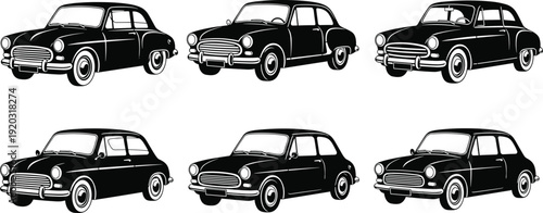 Vintage car silhouette illustration set, classic rounded design with headlights and chrome bumpers, retro automotive theme - flat vector illustration