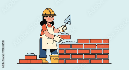 Female Bricklayer Building Wall with Trowel.