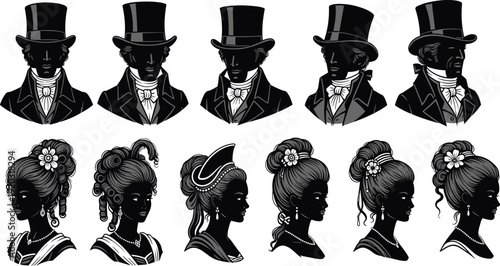 Victorian-era silhouette illustration set, men in top hats and women in elegant dresses, historical fashion theme - flat vector illustration