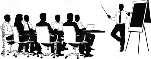Business meeting silhouette illustration, presenter with flip chart, team seated at conference table with laptops, corporate communication theme - flat vector illustration