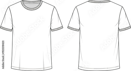 Basic short-sleeve T-shirt flat sketch illustration, front and back views, ribbed neckline and cuffs, fashion design template theme - vector illustration