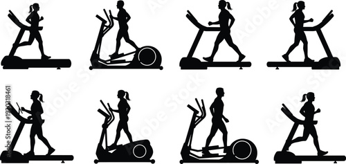 Cardio exercise silhouette illustration set, treadmill and elliptical trainer, walking and running poses, indoor fitness theme - flat vector illustration