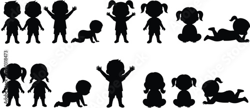 Children silhouette illustration set, diverse poses and activities, crawling baby, standing, sitting, playful gestures theme - flat vector illustration