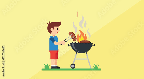 Man grilling sausages on barbecue outdoors.