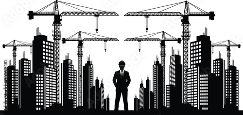 City construction silhouette illustration, urban development with cranes, engineer overseeing high-rise buildings, architecture and infrastructure theme - flat vector illustration