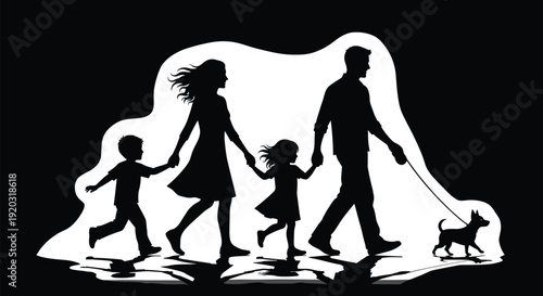 Family silhouette vector illustration, parents walking with children and dog on leash - unity and togetherness artwork