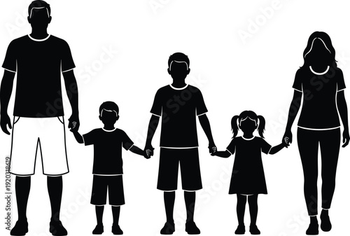 Family silhouette illustration set, parents and children holding hands, unity, togetherness, caregiving, companionship theme - flat vector illustration