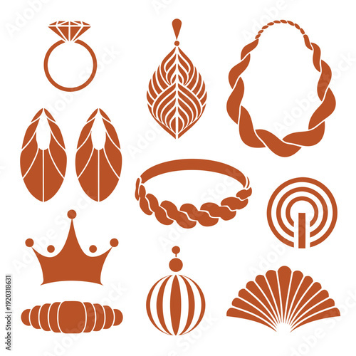 Brown jewelry and accessories including rings earrings bracelets crown and more