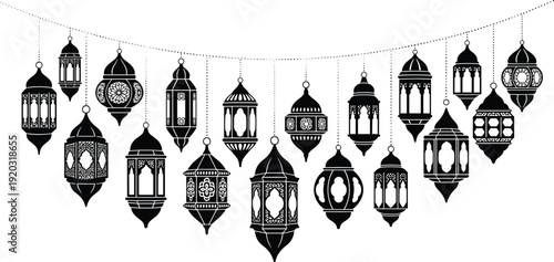 Festive hanging lantern illustration set, ornate designs, cultural celebration, Ramadan and Eid theme, decorative string arrangement - flat vector illustration