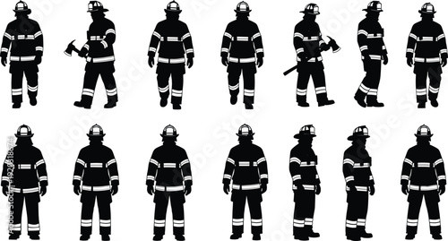 Firefighter silhouette illustration set, uniform with helmet and reflective stripes, poses with tools, emergency service theme - flat vector illustration