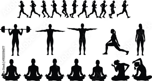 Fitness and wellness silhouette illustration set, running sequence, weightlifting, stretching, meditation poses, exercise and mindfulness theme - flat vector illustration