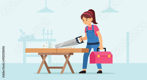 Woman Carpenter Using Power Saw in Workshop.