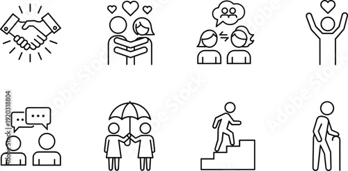 Human interaction and support icon vector illustration, communication, empathy, partnership, and care symbols - flat vector design