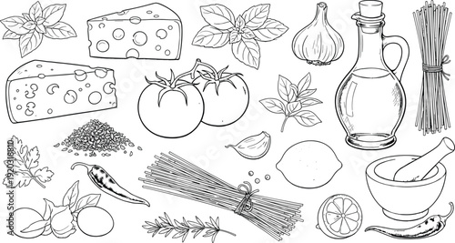 Italian cuisine ingredients illustration set, cheese, tomatoes, basil, garlic, olive oil, pasta, herbs and spices theme - flat vector illustration