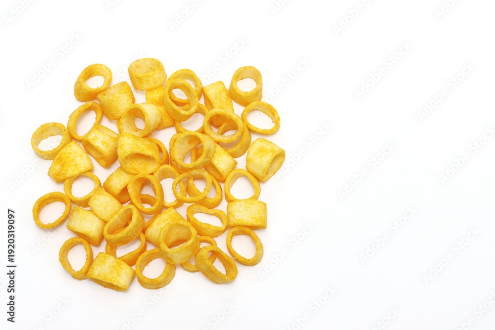 Fototapeta premium Potato ring snack cheese flavor, white background