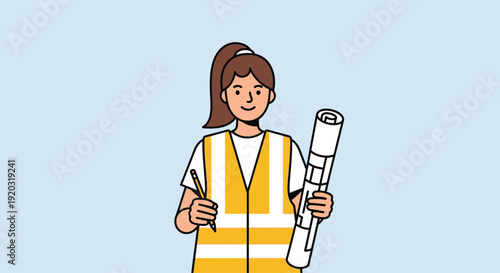 Woman Engineer Holding Blueprints and Safety Vest.