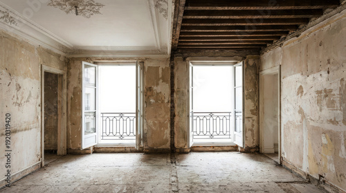 Empty apartment room under renovation with exposed ceiling beams