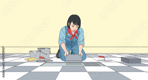 Woman Painting Checkerboard Floor with Paint.