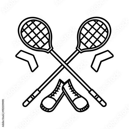 Crossed lacrosse sticks and shoes illustration depicting sports equipment