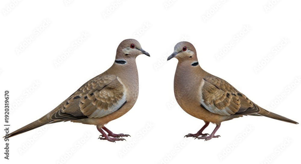 Obraz premium Two elegant brown doves with red eyes and distinctive neck bands, isolated on a clean white background, facing each other.