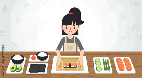 Woman Preparing Sushi in Kitchen.