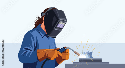 Woman Welding Metal with Protective Gear.