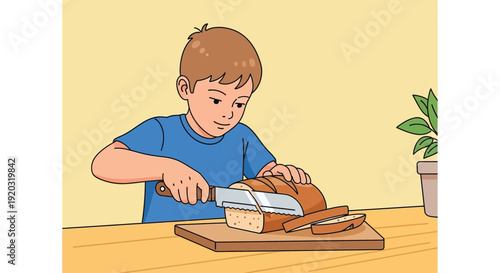 Young Boy Cutting Bread on Table.