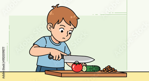 Young Boy Cutting Vegetable with Knife.