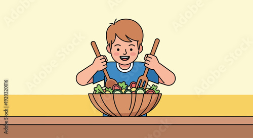 Young boy holding wooden spoons with salad bowl.